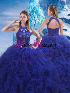 High End Organza Sleeveless Quince Ball Gowns Brush Train and Beading and Ruffles