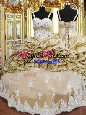 Discount Champagne Ball Gowns Taffeta Straps Sleeveless Beading and Appliques and Ruffled Layers and Pick Ups Floor Length Lace Up Sweet 16 Quinceanera Dress