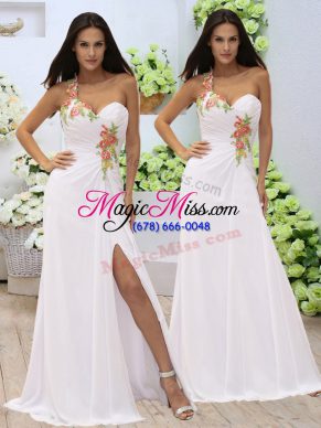 Modest White Sleeveless Floor Length Appliques and Ruching Zipper Homecoming Dress