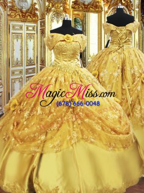 Floor Length Gold Quinceanera Gown Strapless Sleeveless Lace Up