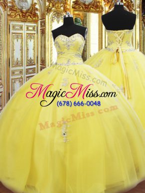 Floor Length Lace Up 15th Birthday Dress Gold for Military Ball and Sweet 16 and Quinceanera with Beading and Appliques