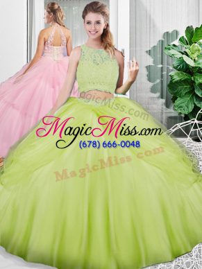 Floor Length Lace Up 15th Birthday Dress Yellow Green for Military Ball and Sweet 16 and Quinceanera with Lace and Ruching