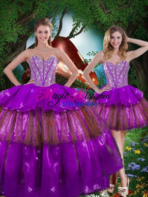 Deluxe Multi-color Sleeveless Floor Length Beading and Ruffled Layers and Sequins Lace Up Sweet 16 Quinceanera Dress