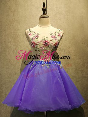 Noble Scoop Sleeveless Dress for Prom Mini Length Appliques Purple Organza