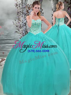 Turquoise Quinceanera Dress Military Ball and Sweet 16 and Quinceanera with Beading Sweetheart Sleeveless Lace Up