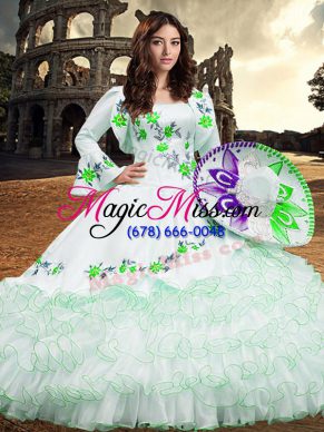 White Long Sleeves Organza Lace Up Quince Ball Gowns for Military Ball and Sweet 16 and Quinceanera