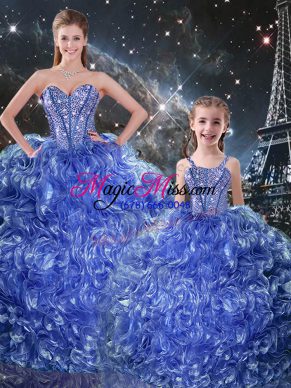 Super Blue Ball Gowns Sweetheart Sleeveless Organza Floor Length Lace Up Beading and Ruffles Quinceanera Dress