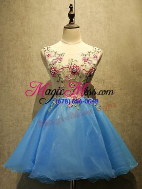 Glorious Baby Blue A-line Embroidery Prom Evening Gown Lace Up Organza Sleeveless Mini Length