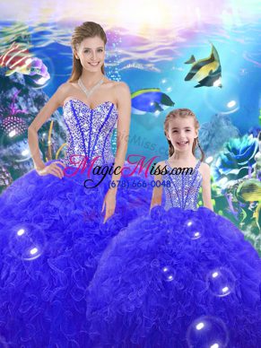 Royal Blue Ball Gowns Beading and Ruffles Quinceanera Dresses Lace Up Organza Sleeveless Floor Length