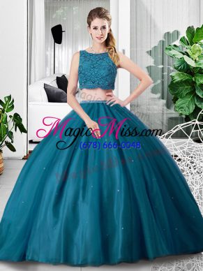 Modern Teal Scoop Zipper Lace and Ruching Sweet 16 Dresses Sleeveless
