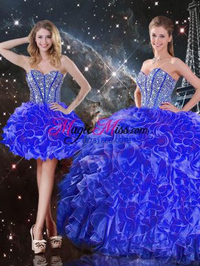 Fine Blue Lace Up Sweetheart Beading and Ruffles 15 Quinceanera Dress Organza Sleeveless
