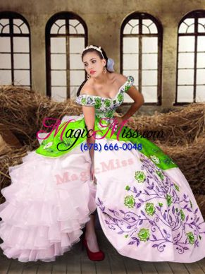 Spectacular Multi-color Lace Up Off The Shoulder Embroidery and Ruffled Layers Sweet 16 Dress Taffeta Sleeveless