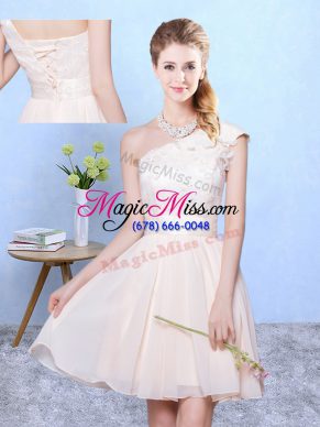 Attractive Knee Length Champagne Court Dresses for Sweet 16 One Shoulder Cap Sleeves Lace Up