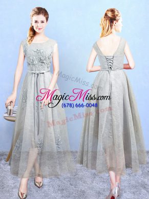 Hot Selling Grey Scoop Lace Up Appliques Bridesmaid Gown Sleeveless