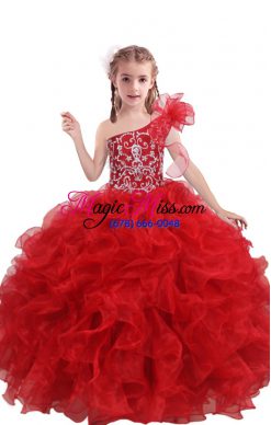 Sleeveless Floor Length Beading and Ruffles Lace Up Little Girls Pageant Dress with Red
