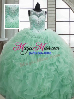 Organza Scoop Sleeveless Lace Up Beading and Ruffles Quinceanera Gown in Apple Green