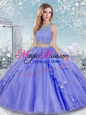 Lavender Sleeveless Tulle Clasp Handle Quinceanera Gowns for Military Ball and Sweet 16 and Quinceanera