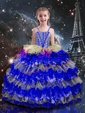 Multi-color Organza Lace Up Little Girls Pageant Gowns Sleeveless Floor Length Beading and Ruffled Layers