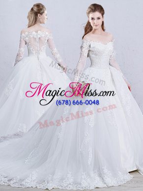 Unique Long Sleeves Lace and Appliques Zipper Wedding Dress with White Brush Train