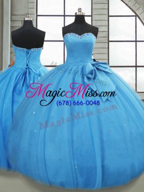 Fantastic Floor Length Baby Blue Quince Ball Gowns Tulle Sleeveless Bowknot