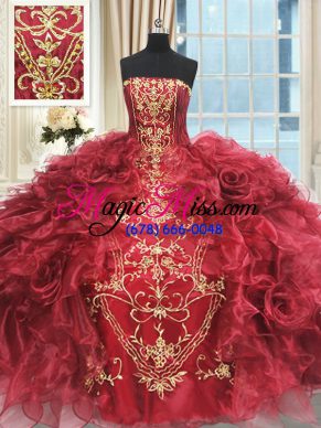 Hot Sale Floor Length Wine Red Quinceanera Dresses Strapless Sleeveless Lace Up