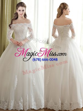 Off The Shoulder 3 4 Length Sleeve Tulle Wedding Dress Lace and Appliques Lace Up