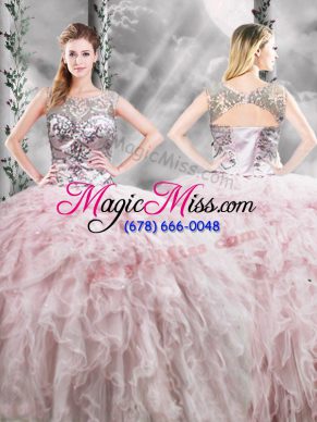 New Style Pink Sleeveless Tulle Zipper Sweet 16 Quinceanera Dress for Military Ball and Sweet 16 and Quinceanera