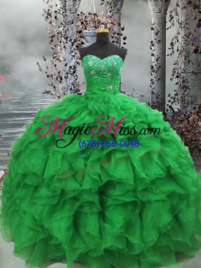 Flare Sweetheart Sleeveless Quince Ball Gowns Floor Length Beading and Ruffles Green Organza