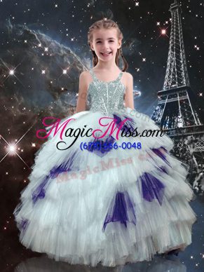 Fashionable White Ball Gowns Straps Sleeveless Tulle Floor Length Lace Up Beading and Ruffled Layers Little Girls Pageant Gowns