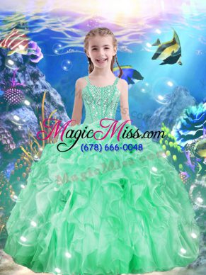 Floor Length Apple Green Kids Pageant Dress Organza Sleeveless Beading and Ruffles