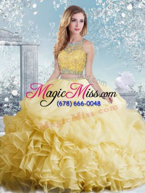 Dynamic Yellow Two Pieces Organza Bateau Sleeveless Beading and Ruffles and Pick Ups Floor Length Clasp Handle Quinceanera Gown