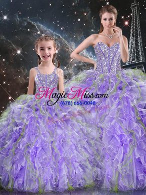 Lavender Organza Lace Up Sweet 16 Dresses Sleeveless Floor Length Beading and Ruffles
