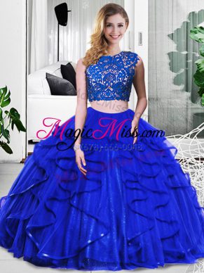 Captivating Floor Length Zipper Ball Gown Prom Dress Royal Blue for Military Ball and Sweet 16 and Quinceanera with Lace and Ruffles