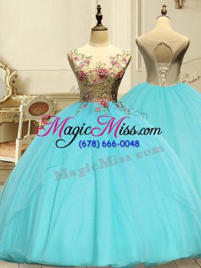 Dynamic Aqua Blue Ball Gowns Scoop Sleeveless Organza Floor Length Lace Up Appliques 15 Quinceanera Dress
