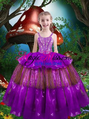 Stunning Sleeveless Organza Floor Length Lace Up Little Girls Pageant Gowns in Eggplant Purple with Beading and Ruffled Layers