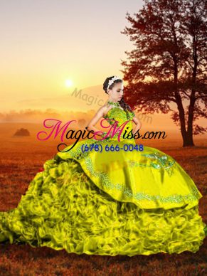 Fantastic Sweetheart Sleeveless Quinceanera Dress Brush Train Embroidery and Ruffles Yellow Green Organza