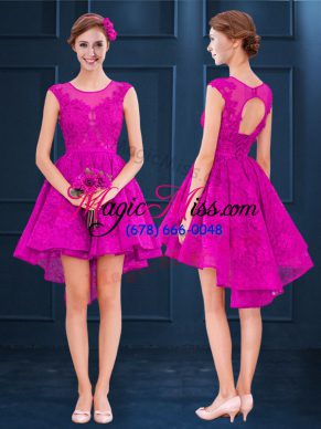 Simple High Low A-line Sleeveless Fuchsia Bridesmaid Dress Lace Up