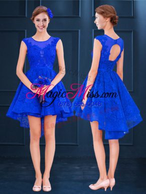 High Low A-line Sleeveless Royal Blue Dama Dress Lace Up
