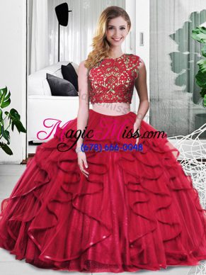 Free and Easy Floor Length Wine Red 15th Birthday Dress Tulle Sleeveless Lace and Ruffles
