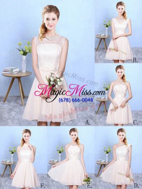 Champagne Empire Lace Wedding Guest Dresses Lace Up Chiffon Sleeveless Knee Length