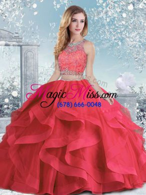 Captivating Coral Red Sleeveless Organza Clasp Handle Quinceanera Gown for Military Ball and Sweet 16 and Quinceanera