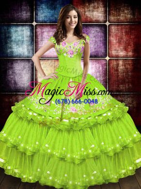 Perfect Yellow Green Quinceanera Dresses Military Ball and Sweet 16 and Quinceanera with Embroidery and Ruffled Layers Off The Shoulder Sleeveless Lace Up