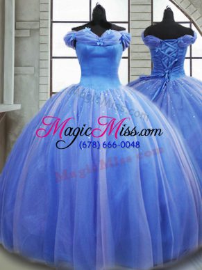 Glamorous Off The Shoulder Sleeveless Brush Train Lace Up Ball Gown Prom Dress Light Blue Tulle
