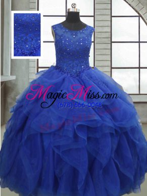 Colorful Royal Blue Ball Gowns Organza Bateau Sleeveless Ruffles and Sequins Floor Length Lace Up Quince Ball Gowns
