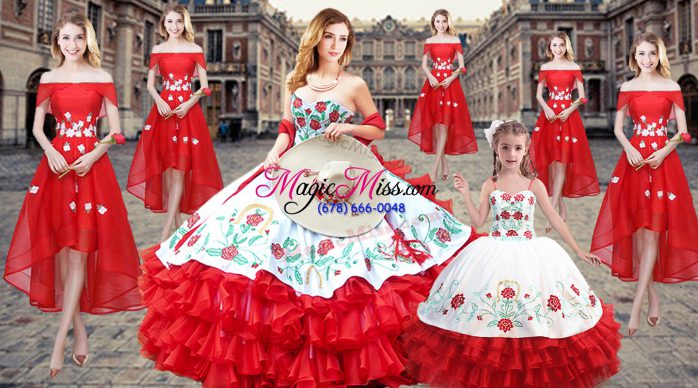 Amazing Red Ball Gowns Embroidery and Ruffled Layers Sweet 16 Dresses Lace Up Organza Sleeveless Floor Length