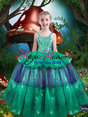 Green Little Girl Pageant Gowns Quinceanera and Wedding Party with Beading and Ruffled Layers Straps Sleeveless Lace Up