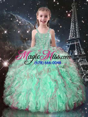 Lovely Sleeveless Organza Floor Length Lace Up Child Pageant Dress in Turquoise with Beading and Ruffles