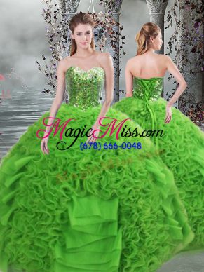 Discount Green Organza Lace Up Sweetheart Sleeveless Floor Length Quinceanera Gowns Beading and Ruffles
