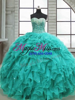 Gorgeous Turquoise Sweetheart Lace Up Beading and Ruffles 15th Birthday Dress Sleeveless