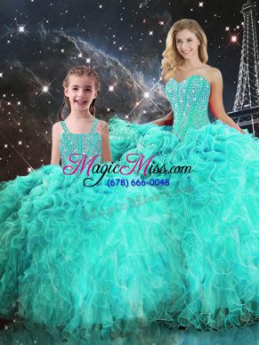 Flare Sweetheart Sleeveless Quince Ball Gowns Floor Length Beading and Ruffles Turquoise Organza